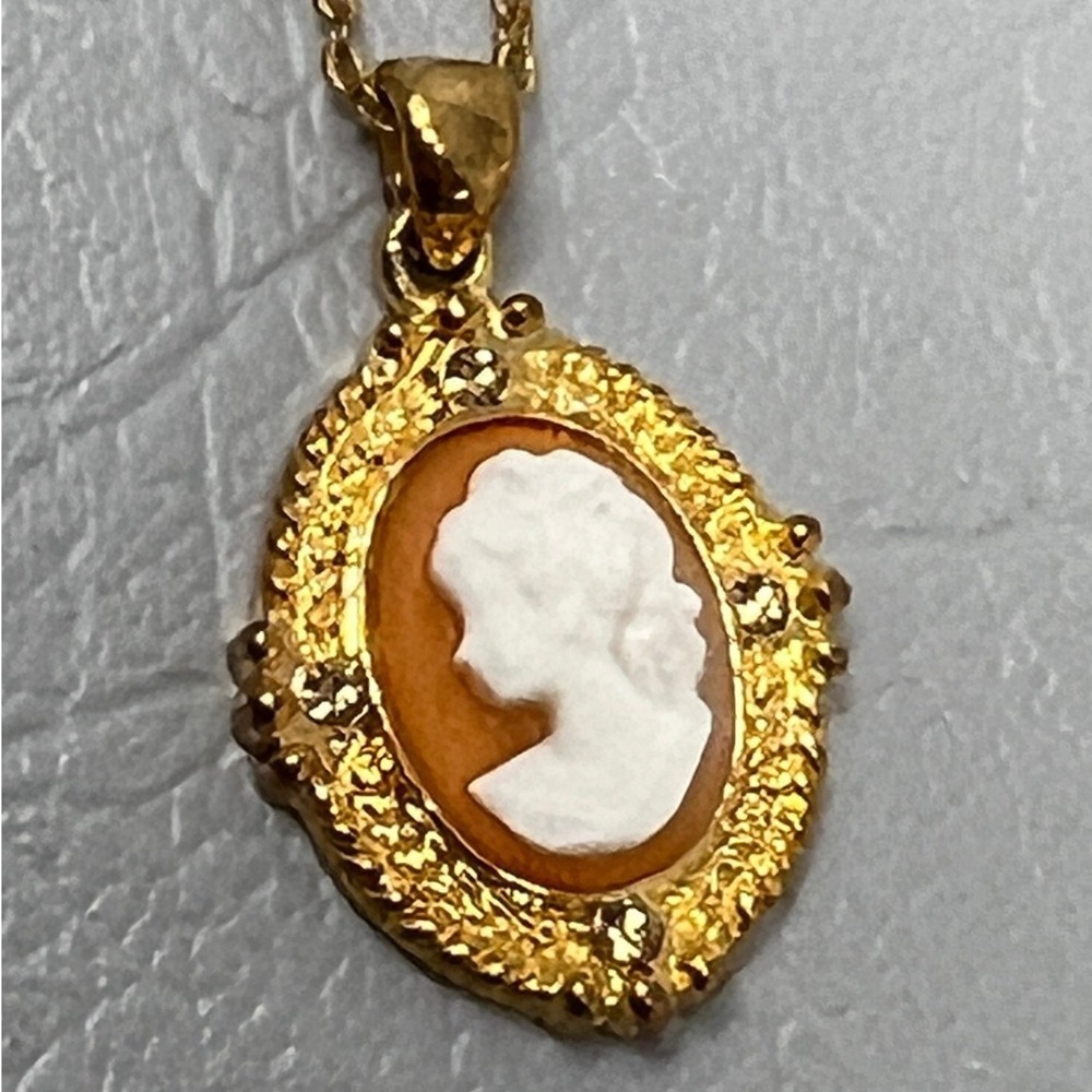 Faux Cameo Necklace Left Facing Gold Tone Frame‎ and 18 inch Chain
